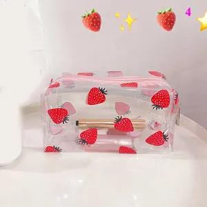 Tas Kosmetik Pvc Kartun Lucu Tas Perlengkapan Mandi Makeup Tas Kosmetik Bening Merah Muda Cetakan Stroberi Transparan