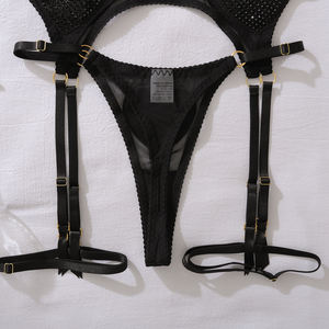 Conjunto de Lingerie Sexy em Quatro Peças com Coração de Diamante Preto Transparente com Colarinho - Product Image 4