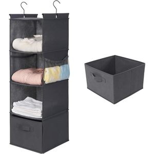 Organisateur de placard suspendu à 4 étagères, 33x15x85cm, pliable avec poches latérales pour le rangement des vêtements de chambre à coucher, gris - Product Image 1