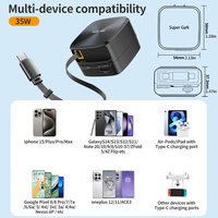 Câble USB-C rétractable portable, charge rapide PD 35W, chargeur mural multifonction avec matériau ignifuge pour PC
