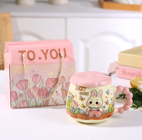 Mug en porcelaine avec couvercle et cuillère motif lapin floral - Design créatif personnalisé de dessin animé, compatible lave-vaisselle/micro-ondes, anti-fuite, boîte cadeau