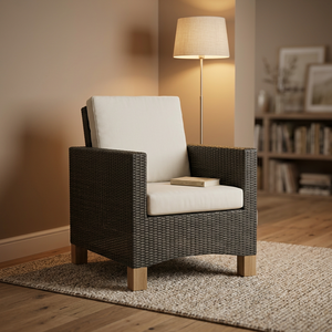 Contemporary Rattan <b>Garden</b> Chair With White <b>Cushions</b> Teak Legs <b>Outdoor</b> Furniture - Product Image 1