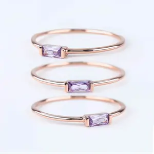 14k Rose Gold Sterling Silver Dainty Ring Rectangle Cut African Amethyst Ring