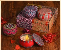 Lot de 4 bougies parfumées en boîte métallique imprimées Mandala Bohème, avec logo personnalisé, fleurs séchées, bougies en cire de soja, idéales pour les mariages et les voyages