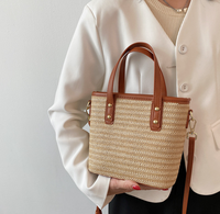 Sac à main en paille tissé pour femmes, avec poignée en cuir, fourre-tout fait à la main, de plage, nouveau design tendance, 2020