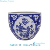 RXCS11-B Jarre en porcelaine chinoise bleue et blanche motif prune glacée avec fenêtre ouverte, motif de curiosités antiques