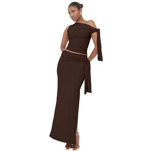 Women's Summer Slim Fit <b>Tie</b> Long Dress Set Asymmetrical Neck Sleeveless Top Short Casual Street Style Skirt Solid Plain Dyed - Product Image 2