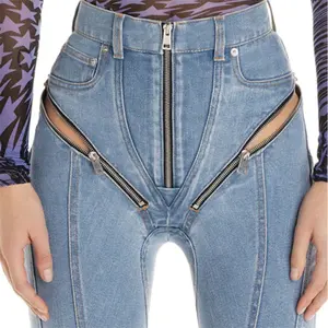 2024 ฤดูใบไม้ผลิSplicing Zipper Designerกางเกงยีนส์ผอมกางเกงสุภาพสตรีกางเกงดินสอเอวสูงเซ็กซี่