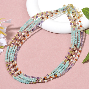 Collana impilabile da donna in stile bohémien con perle sfaccettate rotonde da 3 mm in pietra naturale brasiliana, amazzonite, tormalina rosa e peridoto, per uso quotidiano - Product Image 1