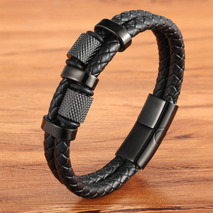 Wholesale Men's Braided Black <b>Leather</b> <b>Bracelet</b> with PVD 18K Gold Stainless Steel Cylindrical Accents | Magnetic Clasp Design - Product Image 2