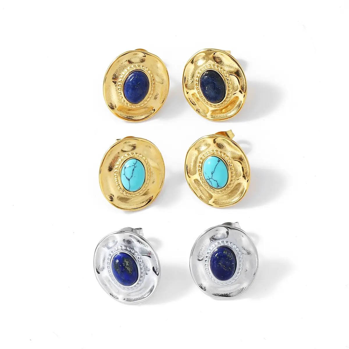 Ruigang Custom Blue Turquoise Stone Simulate Pearls Earring Stainless Steel Round Stud Earrings Gold Lapis Lazuli Oval Earring