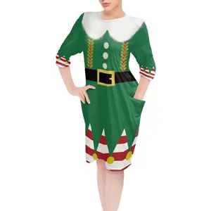 Lady Pocket Sleep Dress Imagens de Design Especial e Texto Plus Size Leisure Wear Dress na Noite de Natal