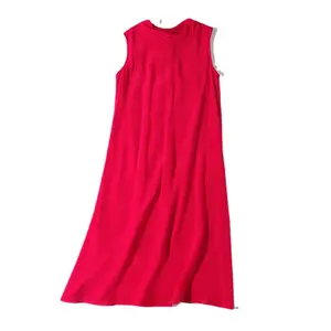 无袖长款红色真丝连衣裙优雅宽松a线伴娘连衣裙