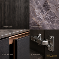 Meubles de cuisine modulaires modernes noirs avec évier, comptoir en bois massif et verre, robinet inclus, îlots, solution complète pour
