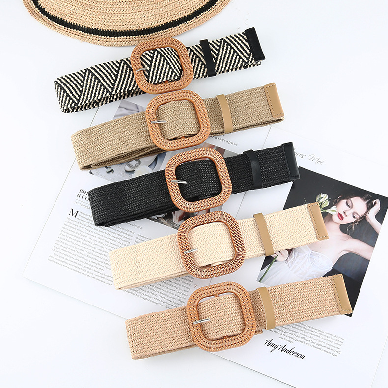 Women Girls PP Straw Braided Plastic Buckle Belts Vintage Knitted Waist Belt Woven Elastic Stretch Raffia Belt For lady