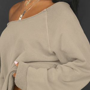 Áo thun thể thao dài tay trễ vai rộng rãi và thoải mái, áo thun nữ màu trơn - Product Image 4