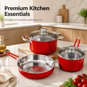 3pcs Red Stainless Steel Cookware Set With Honeycomb Frying <b>Pan</b> Stockpot Saucepan Mirror Polished <b>Induction</b> Kitchen Pot <b>Pan</b> Set - Product Image 2