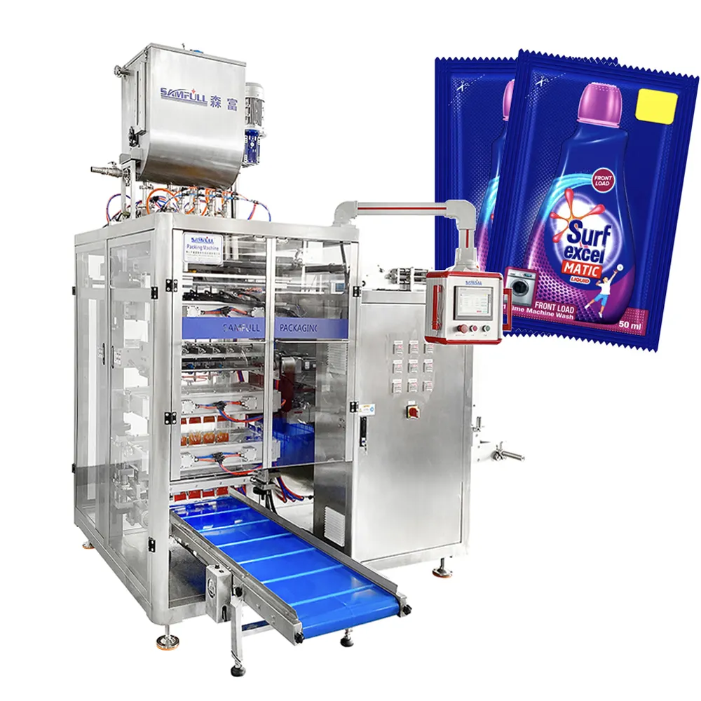 Fully automatic vertical sachet washing liquid pack machine multilane 4 sides seal sachet soap liquid packing machine