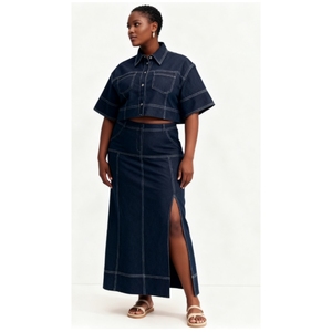 Summer Women's Casual Pocket Short-Sleeve Shirt <b>Split</b> <b>Skirt</b> Denim 2-Piece Set Fashion - Product Image 1