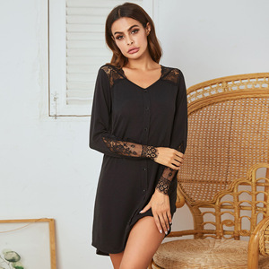 Robe de nuit décontractée pour femme, style européen et américain, en tissu tissé, longueur genou, manches longues, avec fermeture à boutons, collection automne-hiver, pour <span class=keywords><strong>le</strong></span> commerce extérieur - Product Image 2