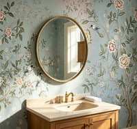 Wallpaper Sutra Motif Bunga dan Burung Warna Biru Muda Vintage, Mural Dinding Dekoratif Modern Mewah untuk Ruang Tamu dan Kamar Tidur