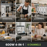 Ensemble de mixeur plongeant 600W 4 en 1, corps en acier inoxydable, 2 vitesses, fouet double, bol hachoir, lame SS304, VDE