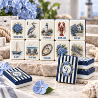 Set Mahjong Amerika Cape Cod Hydrangea 160 Ubin 1,5 Inci Biru Tua Gading Ubin Mahjongg Bergaya Pantai dengan Monogram Kustom OEM