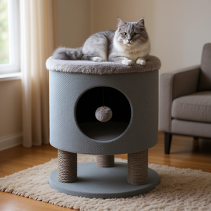 Arbre à chat d'intérieur moderne gris à 1 niveau avec lit moelleux, poteaux à gratter et jouet à bille, en sisal - Product Image 2