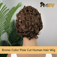Peluca de Cabello Humano Corto, Corte Pixie, Pelucas Sin Pegamento, Cabello Natural, Color Marrón, Peluca de Cabello Humano Corte Pixie, Mayorista de Pelucas Cortas Pixie