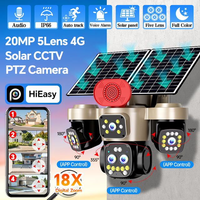 HiEasy 20MP 5Lens 4G AOV Solar CCTV Camera 18X Zoom Auto Tracking Outdoor IP66 Full Color Night Vision PTZ IP Camera Voice Alarm