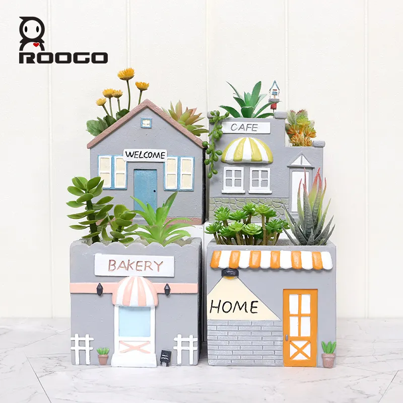 Roogo mini kasaba tarzı çiçek saksıları reçine bonsai ev ve bahçe etli saksı