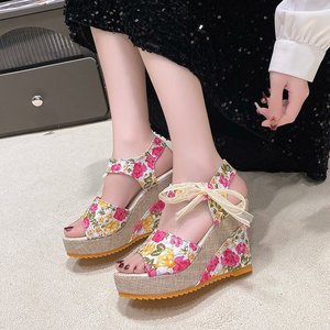 Hot Sale Trendy New Bohemian Fashion Wedge Lace Print Fish Mouth <b>Sandals</b> for Women - Product Image 2
