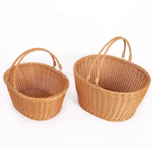 Wholesale Hand-woven Eco-Friendly Storage Type Brown Round PP Rattan Picnic Basket With Double Drop Down Handles