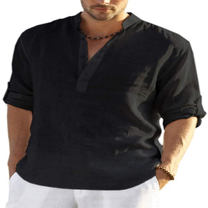 Camisa de Lino para Hombre Fitspi, Estilo Vintage, Manga Larga, Informal, Holgada, Cuello en V, Color Sólido, Tallas Grandes, Mezcla de Algodón - Product Image 3