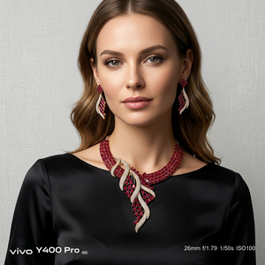 Juego de Joyería de Lujo en Latón con Circones Rojos Rubí, Chapado en Oro, Collar y Aretes de Novia Estilo Indio para Mujer, para Bodas - Product Image 3