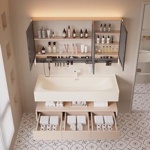 Meuble-lavabo mural crème avec vasque en pierre intégrée, <span class=keywords><strong>miroir</strong></span> et étagère de rangement pour projets - Product Image 4
