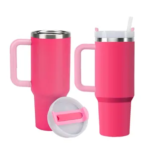 Tasses et tasses roses de 40oz en gros pour le voyage Gobelet de voiture en acier inoxydable sans BPA Gobelet à bière à double paroi avec poignée