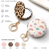 Leather Keychain Mirror Custom Logo Luxury Leather Print Mirror Keychain PU Leather Round Folding Makeup Mirror Keychain Custom