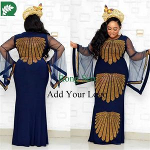 Robe africaine de taille Robe longue extensible avec motifs brillants et manches longues en filet de chauve-souris translucide - Product Image 1