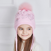 Mignonnes filles enfants hiver tricoté bonnet chapeaux avec fourrure naturelle pompon nœud papillon strass Bobble oreille rabat chapeau pour enfant en gros