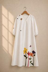 The Meadow Patch <b>Dress</b> 100% Cotton Woven Natural Waistline 3/4th Sleeves <b>Elasticated</b> Hems Floral Patch Embroidery Front & Back - Product Image 5