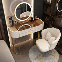 Nouvelle Table de Maquillage Moderne avec Miroir sur Pied, Plateau en Verre Trempé et Pieds Dorés, Table de Coiffure pour Chambre à Coucher avec Tiroir de Rangement