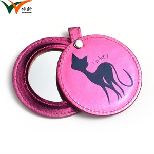 Two Sides PU Leather Round Pocket Rose Red Makeup Sliding <b>Compact</b> <b>Mirror</b> for Women - Product Image 2