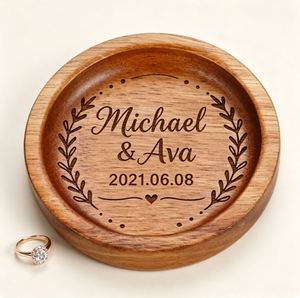 Custom Carved <b>Wooden</b> <b>Round</b> Ring Holder with Engraved Love Theme Wedding Anniversary Gift for Home Desktop Jewelry Storage - Product Image 2