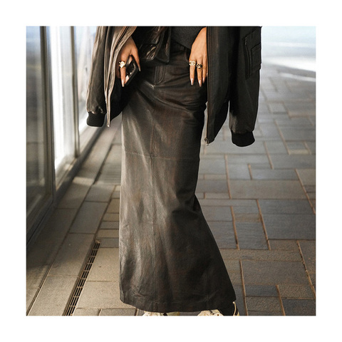 9998-3 Latest Design Stylish Split Wrap Skirt Vintage Black Cowskin Genuine Leather Skirt Long