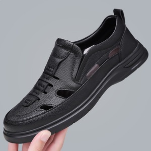 Sandalias de cuero huecas de verano para hombre, zapatos transpirables con orificios, sandalias de punta cerrada con suela suave para exteriores - Product Image 4