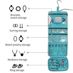 BSCI factory 2023 Wholesale Travel Portable Jewelry Organizer with <b>Mirror</b> Roll <b>Foldable</b> Necklaces Earring Jewelry Storage Bag - Product Image 4