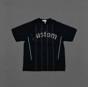 T-shirt personnalisé pour homme, style streetwear, noir et blanc, rayé, avec strass, surdimensionné, décontracté, manches courtes - Product Image 3