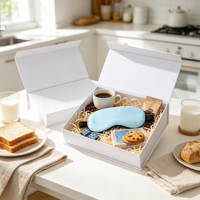 Weiße Kaffee-Geschenkbox mit Kaffeebohnen, braunem Beutel, Schokochips-Keksen, blauer Blumenbox-Verpackung, Großhandels-Geschenkset