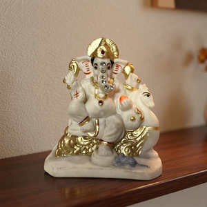 Statue de Ganesh en marbre avec Mushak, 4 pouces, blanc doré, figurine décorative Ganpati Bappa pour temple, Diwali, Pooja, bureau et maison - Product Image 1